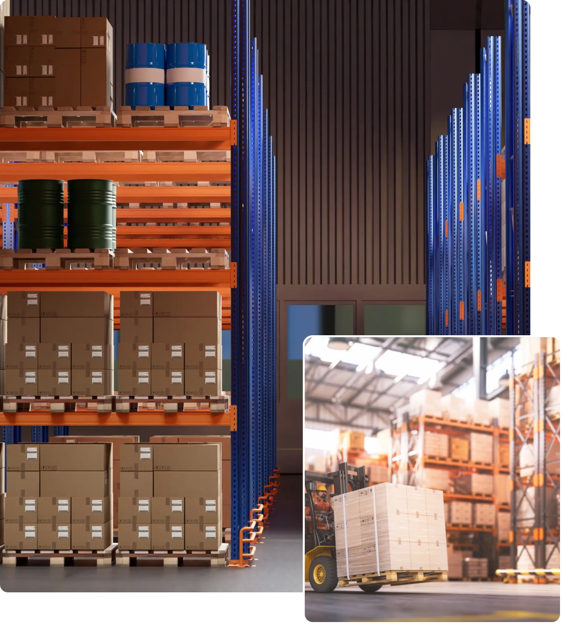 Warehouse with pallets and forklift.