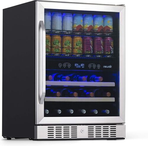 NewAir 24" Wine and Beverage Refrigerator Cooler, 20 Bottle and 70 Can Capacity, Built-in or Freestanding Dual Zone Fridge in Stainless Steel with Splitshelf