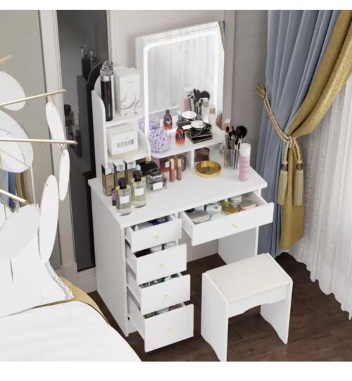 5-Drawers White Makeup Vanity with Stool, Mirror, LED Light, and 3-Tier Storage Shelves